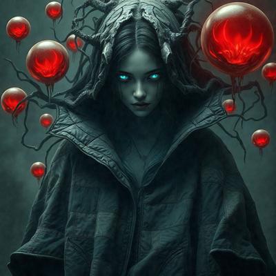 The primary subject of the image is a woman with blue eyes, wearing a long black coat and a hood. She is surrounded by a variety of red and orange balls, which are scattered throughout the scene. The setting appears to be a dark, possibly magical or fantastical environment. The visual style of the image is a combination of digital art and illustration, creating a striking and captivating scene. The colors and mood of the image are predominantly dark and mysterious, with the red and orange balls adding a